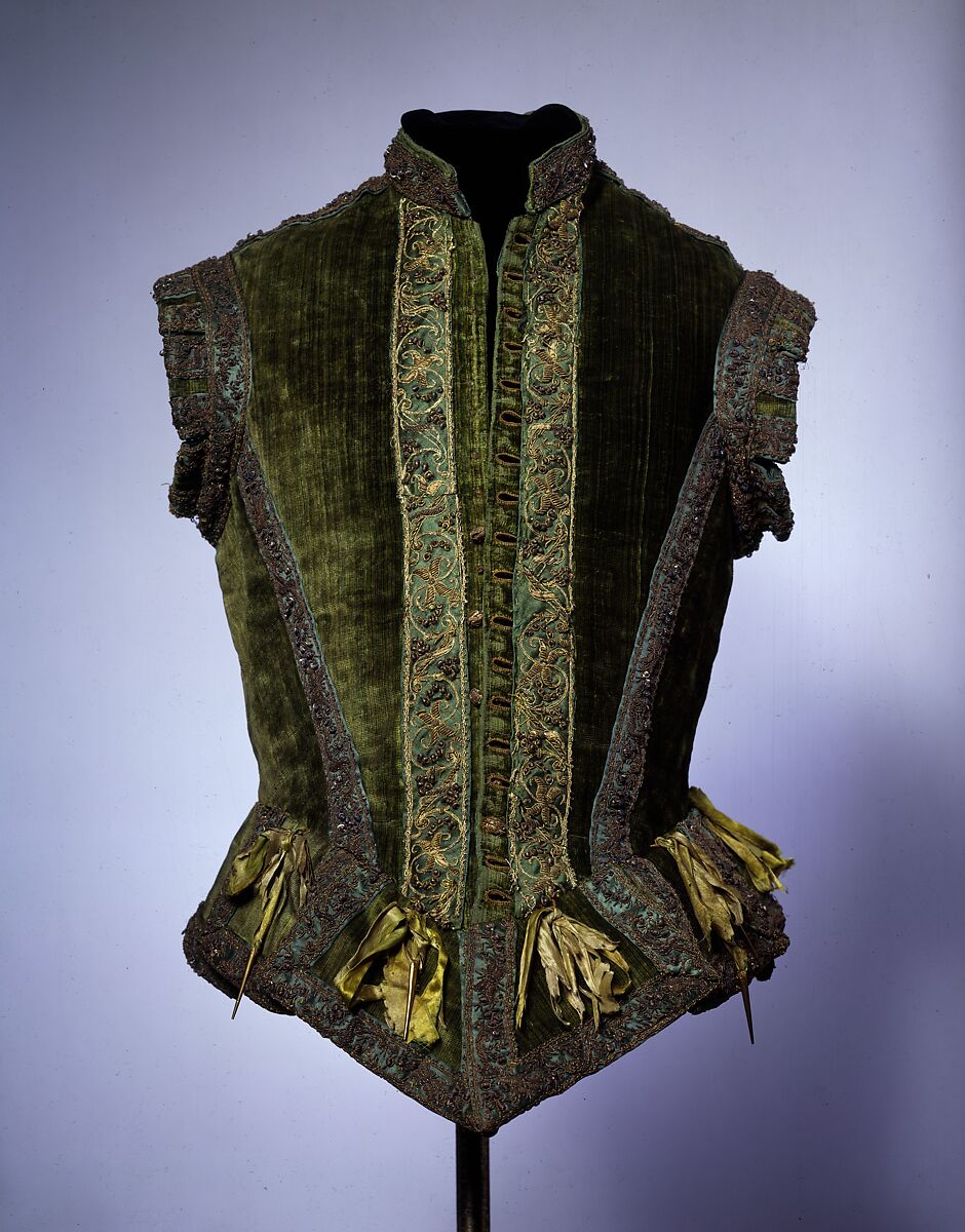 Doublet, silk, metallic thread, brass, European 