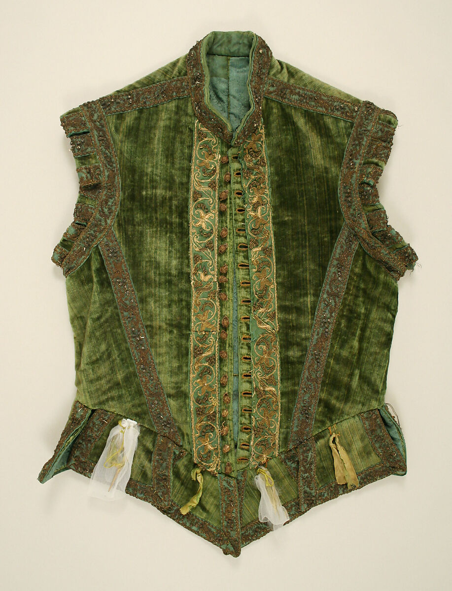 Doublet, silk, metallic thread, brass, European