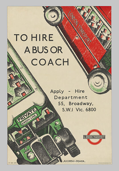 To Hire  A  Bus or Coach, Andrew Power [Sybil Andrews, 1898–1992 and Cyril Power, 1872–1951], Lithograph 
