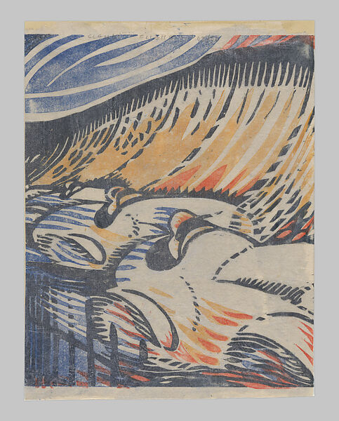 Brooklands, Claude Flight (British, 1881–1955), Linocut on Japanese paper coated with a metal-flecked glaze 