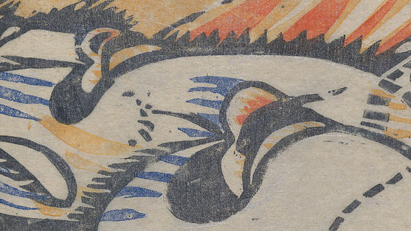 Brooklands, Claude Flight (British, 1881–1955), Linocut on Japanese paper coated with a metal-flecked glaze