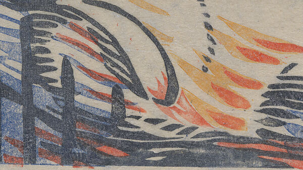 Brooklands, Claude Flight (British, 1881–1955), Linocut on Japanese paper coated with a metal-flecked glaze