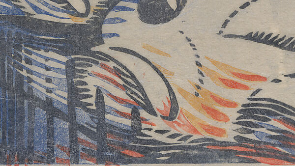 Brooklands, Claude Flight (British, 1881–1955), Linocut on Japanese paper coated with a metal-flecked glaze