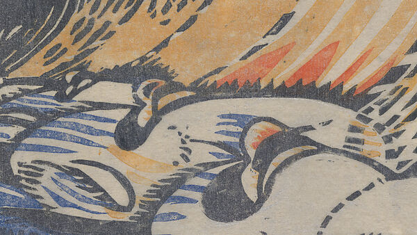 Brooklands, Claude Flight (British, 1881–1955), Linocut on Japanese paper coated with a metal-flecked glaze