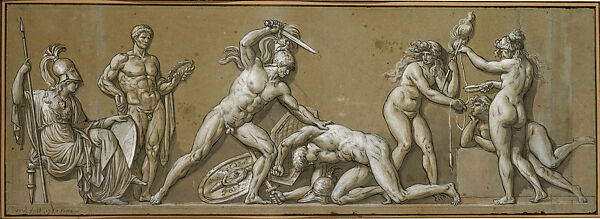 Frieze in the Antique Style: Death of a Hero, Jacques Louis David  French, Pen and black ink, brush and gray wash, black chalk, heightened with white gouache, with framing lines in pen and brown ink, on three joined sheets of faded blue paper and a fourth strip added at right
