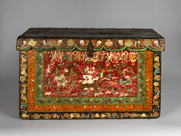 Chest with Tantric Offering Scenes, Wood, polychrome, pigment, and iron brackets, Tibet 