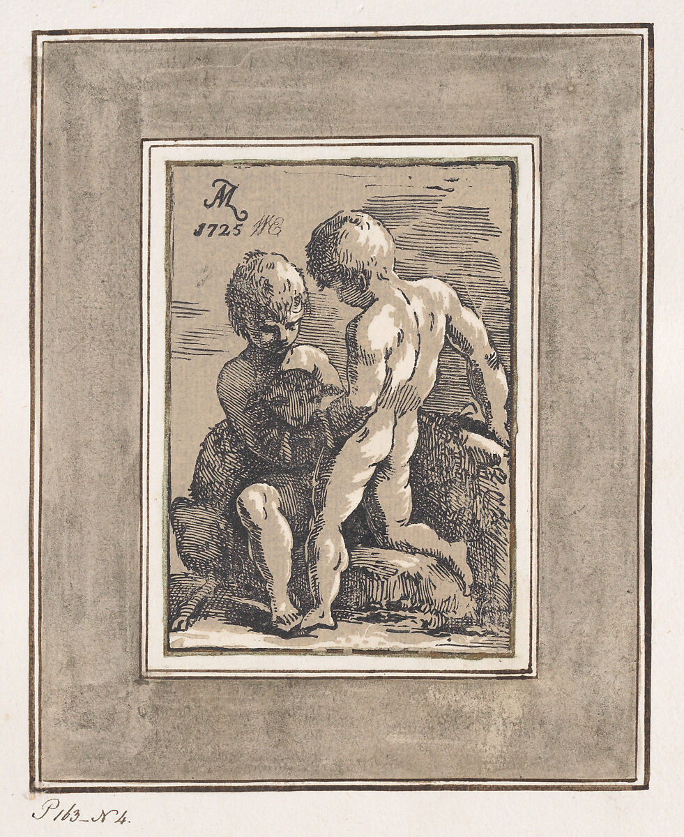 Two Children Playing with a Lamb, Anton Maria Zanetti the Elder (Italian, Venice 1680–1767 Venice), Chiaroscuro woodcut printed from two blocks in tan and black, with gold border and watercolor frame 