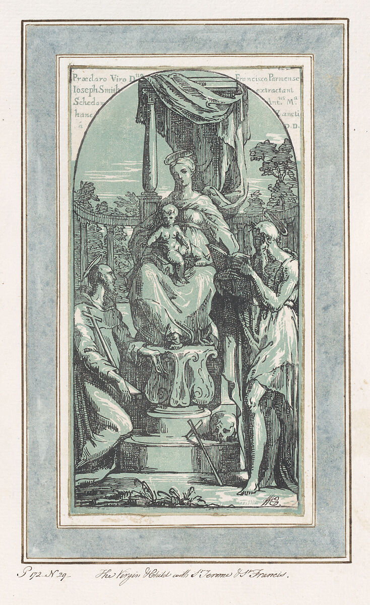 The Virgin and Child Enthroned, Saint Jerome at lower right, Saint Francis at lower left, Anton Maria Zanetti the Elder (Italian, Venice 1680–1767 Venice), Chiaroscuro woodcut printed from two blocks in green and black, with gold border and watercolor frame 