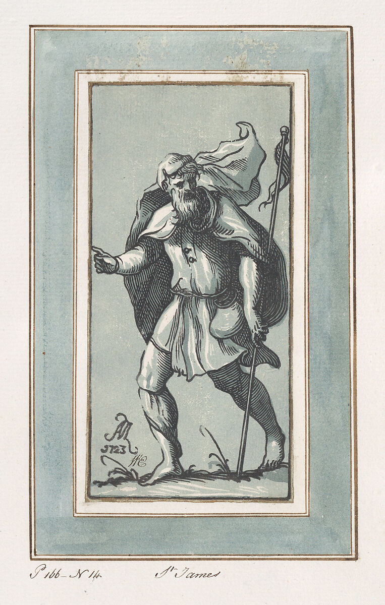 Saint James the Greater, Anton Maria Zanetti the Elder (Italian, Venice 1680–1767 Venice), Chiaroscuro woodcut printed from three blocks in light blue, blue and black, with gold border and watercolor frame 