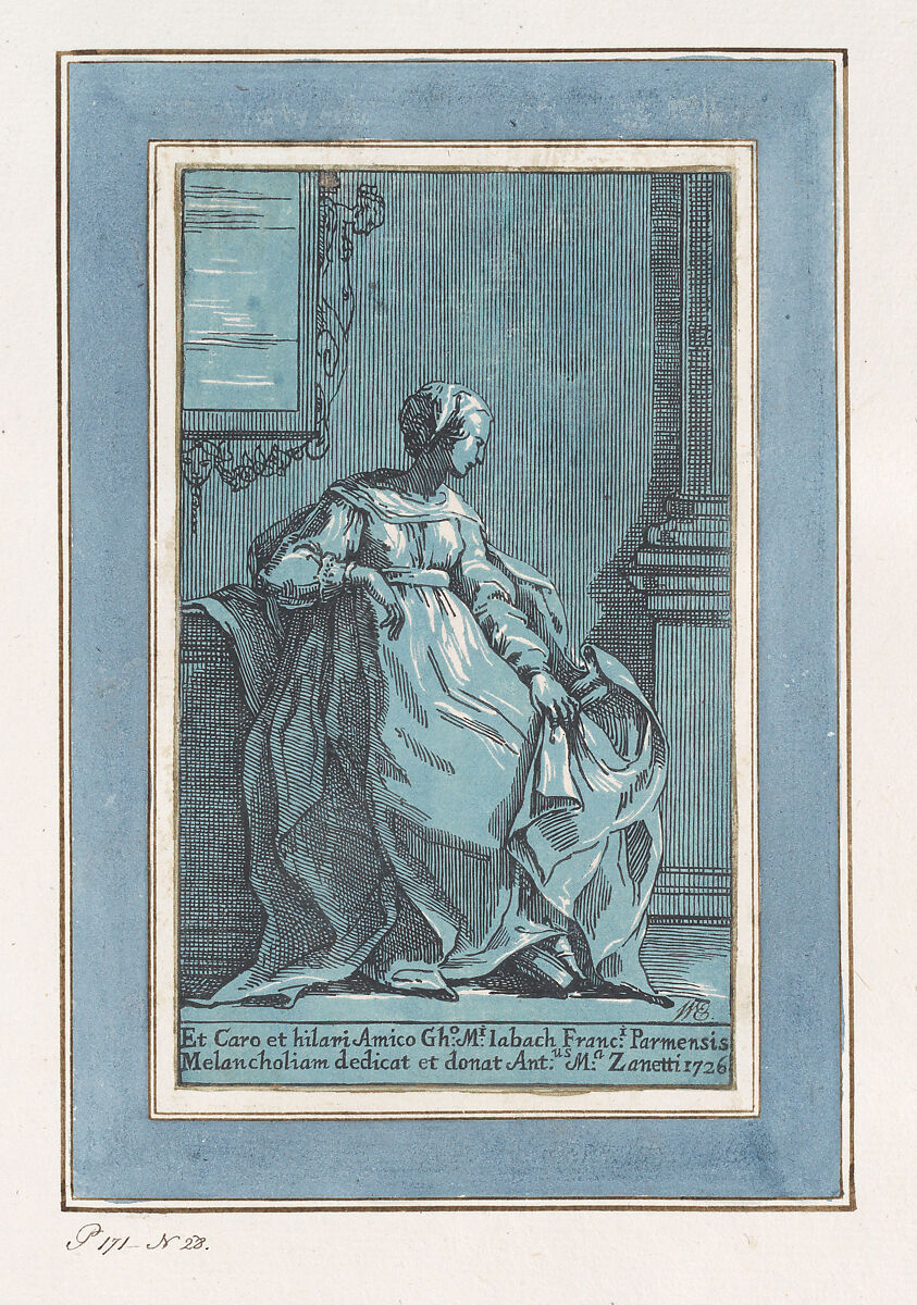 Woman Seated in Room (Melancholy), Anton Maria Zanetti the Elder (Italian, Venice 1680–1767 Venice), Chiaroscuro woodcut printed from two blocks in  blue and black, with gold border and watercolor frame 