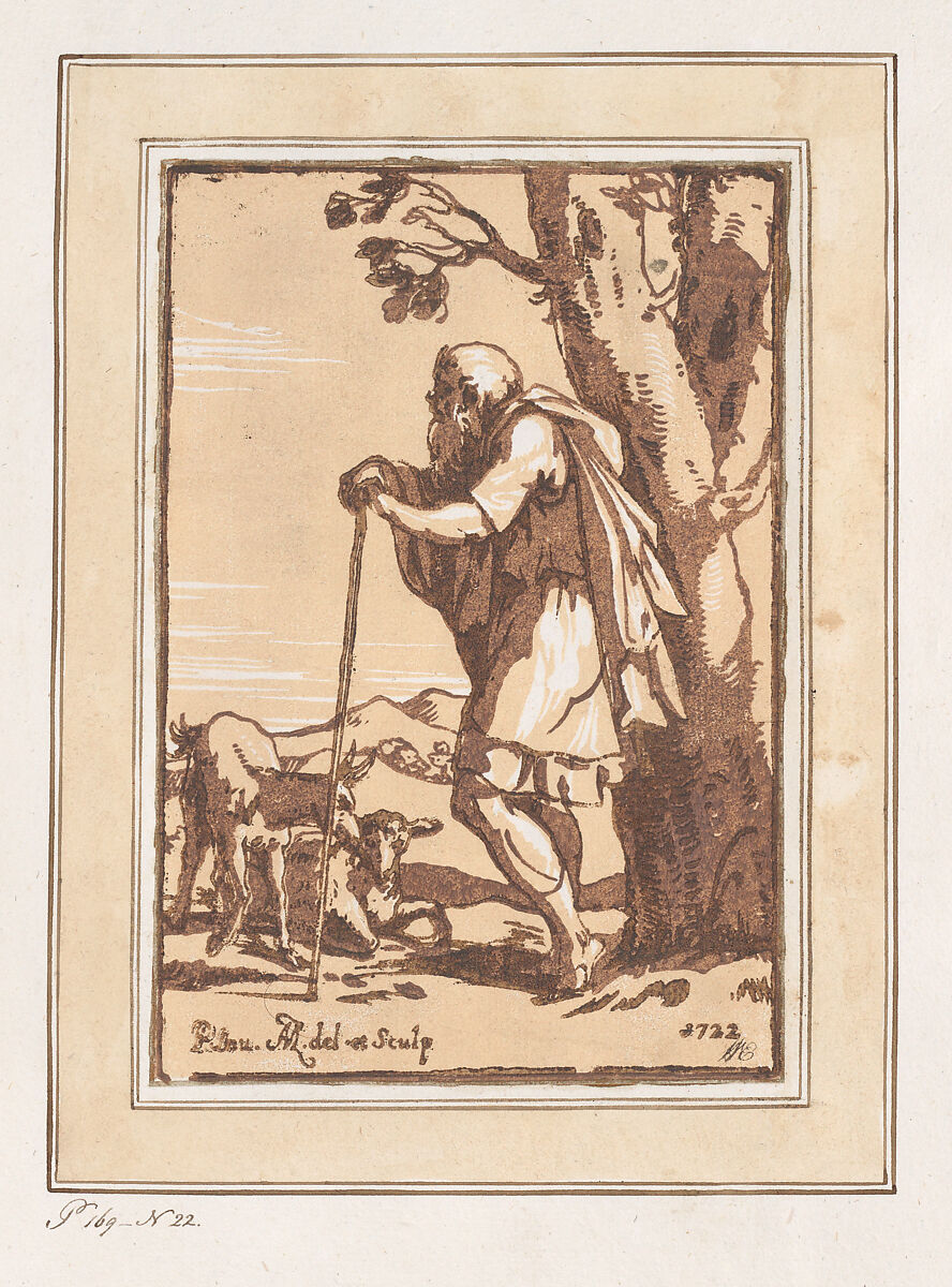 Elderly Shepherd Leaning on a Staff, Anton Maria Zanetti the Elder (Italian, Venice 1680–1767 Venice), Chiaroscuro woodcut printed from three blocks in tan, light brown, and brown, with gold border and watercolor frame 