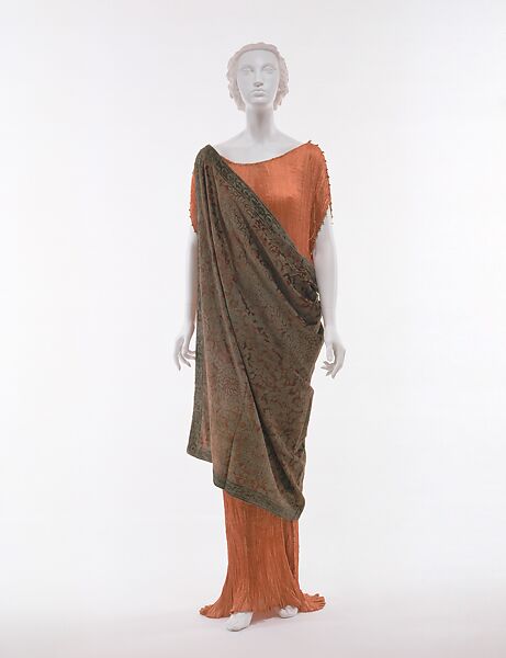 Dress, Fortuny (Italian, founded 1906), (a) Silk, glass; (b, c) silk, Italian 