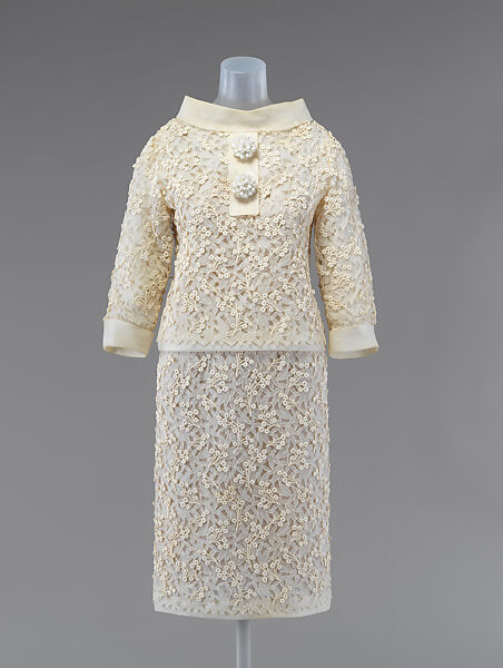 Evening dress, Yves Saint Laurent (French, founded 1961), cotton, silk, pearl, plastic, French 