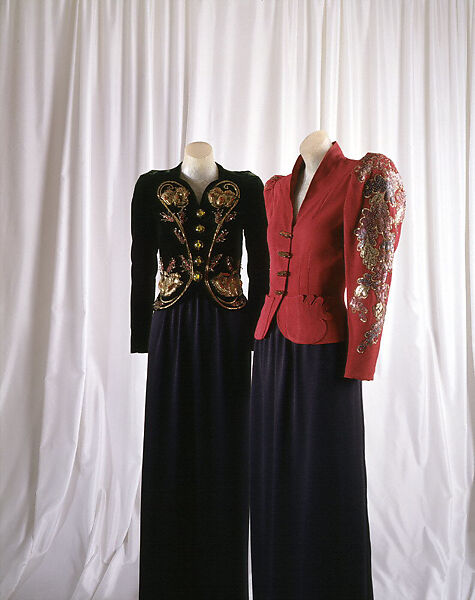 Evening ensemble, Elsa Schiaparelli (Italian, 1890–1973), Silk, rayon, metallic thread, tinsel, glass, plastic (cellulose acetate, cellulose nitrate, phenolic resin), French