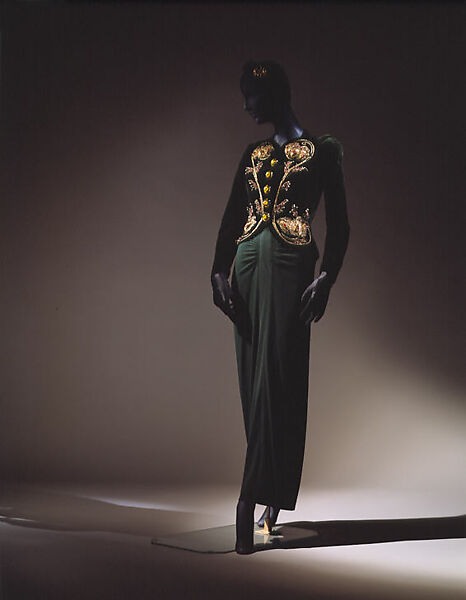 Evening ensemble, Elsa Schiaparelli (Italian, 1890–1973), Silk, rayon, metallic thread, tinsel, glass, plastic (cellulose acetate, cellulose nitrate, phenolic resin), French