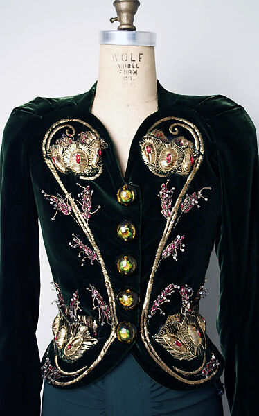 Evening ensemble, Elsa Schiaparelli (Italian, 1890–1973), Silk, rayon, metallic thread, tinsel, glass, plastic (cellulose acetate, cellulose nitrate, phenolic resin), French