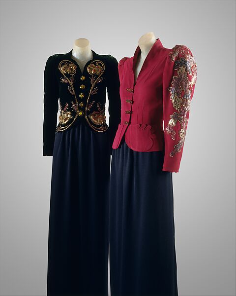 Evening ensemble, Elsa Schiaparelli (Italian, 1890–1973), Silk, rayon, metallic thread, tinsel, glass, plastic (cellulose acetate, cellulose nitrate, phenolic resin), French