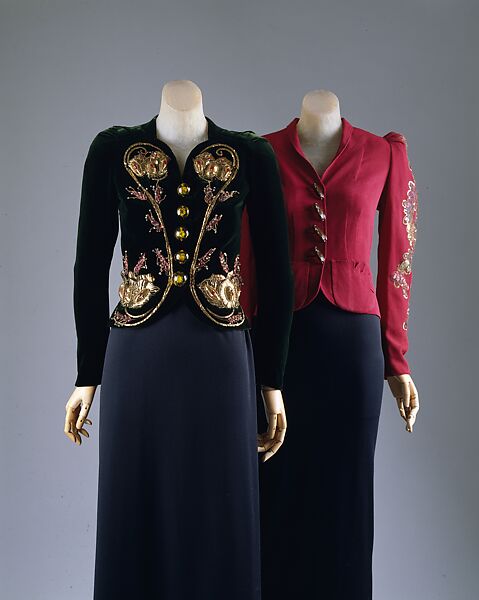 Evening ensemble, Elsa Schiaparelli (Italian, 1890–1973), Silk, rayon, metallic thread, tinsel, glass, plastic (cellulose acetate, cellulose nitrate, phenolic resin), French