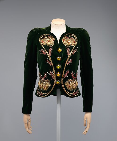 Evening ensemble, Elsa Schiaparelli (Italian, 1890–1973), Silk, rayon, metallic thread, tinsel, glass, plastic (cellulose acetate, cellulose nitrate, phenolic resin), French 
