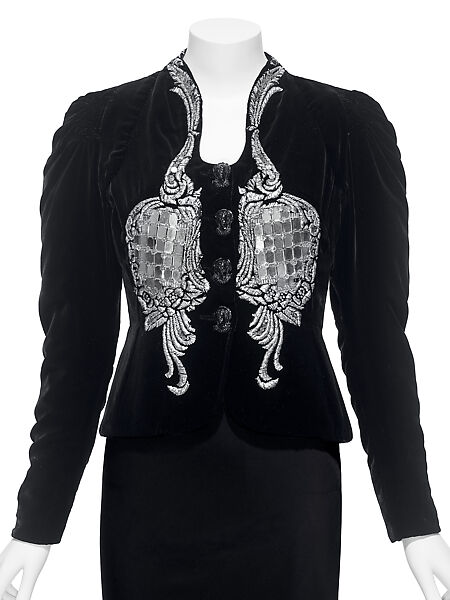 Evening jacket, Schiaparelli (French, founded 1927), silk, glass, plastic (cellophane, cellulose nitrate, phenolic resin), French