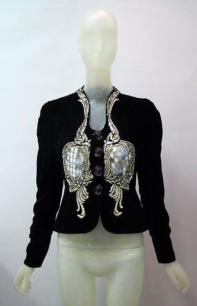 Evening jacket, Schiaparelli (French, founded 1927), silk, glass, plastic (cellophane, cellulose nitrate, phenolic resin), French