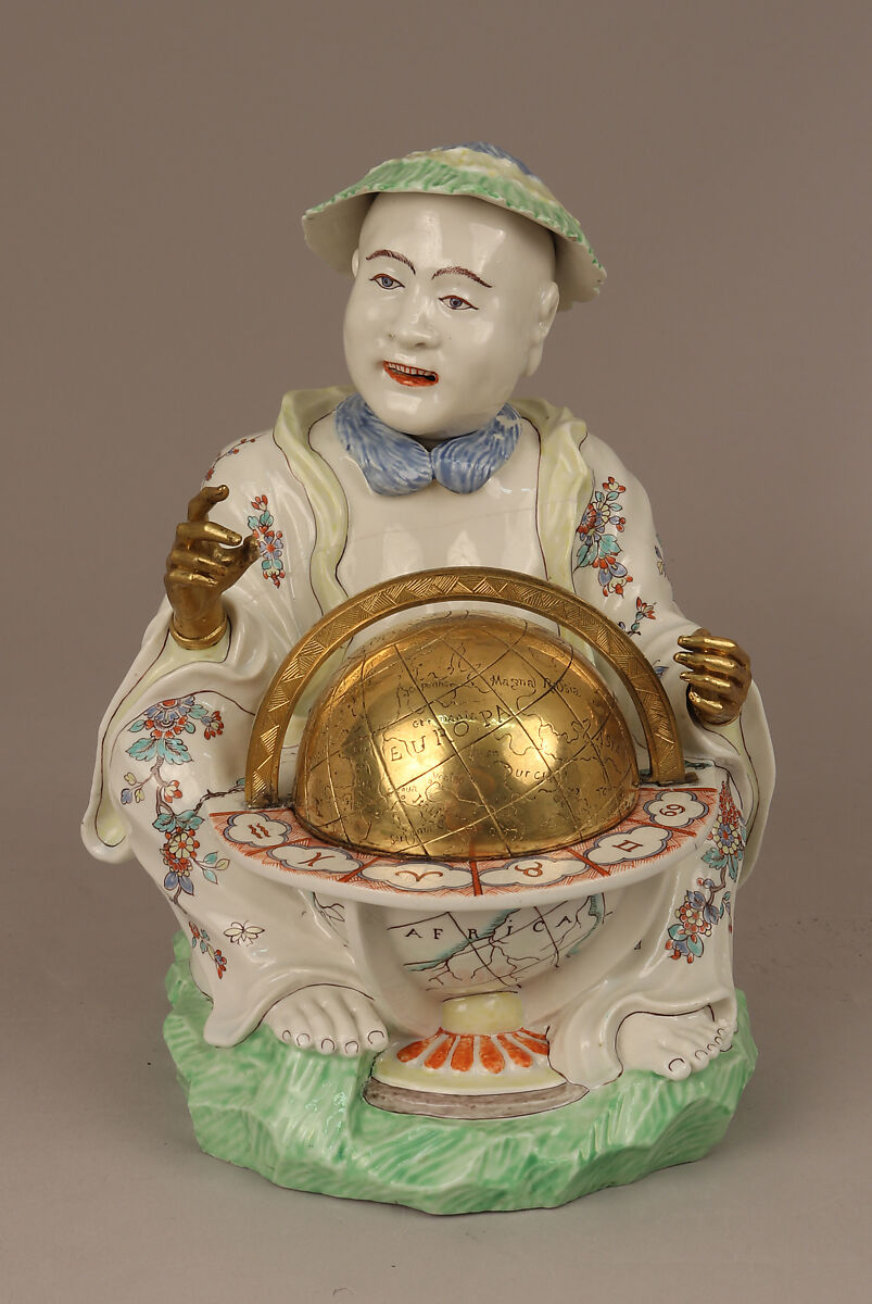 Pair of seated figures with globes, Chantilly (French), Soft-paste porcelain painted with colored enamels over tin glaze; gilt bronze, French, Chantilly 