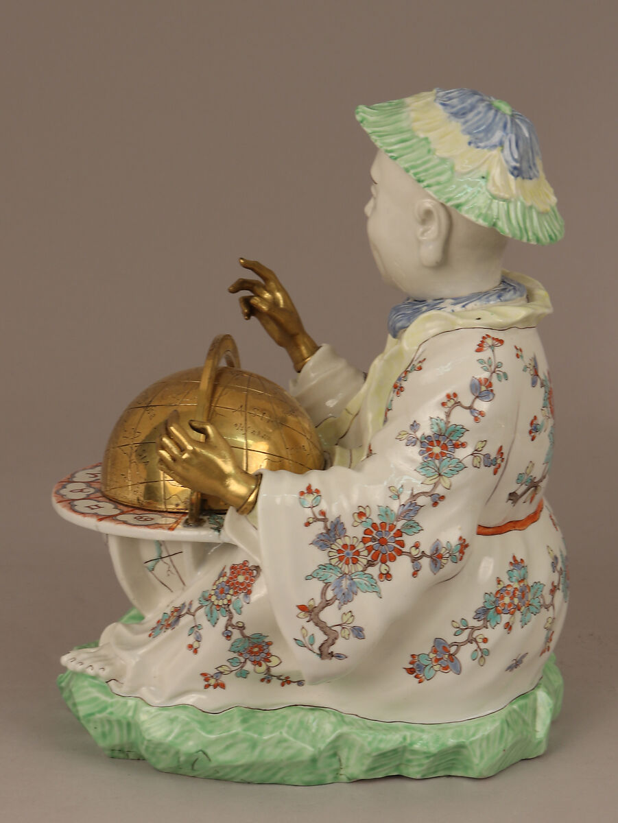 Pair of seated figures with globes, Chantilly (French), Soft-paste porcelain painted with colored enamels over tin glaze; gilt bronze, French, Chantilly