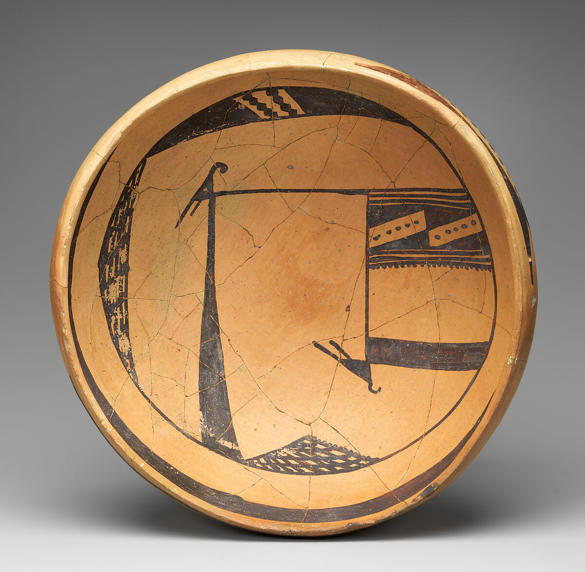 Bowl with Abstract Birds, Black on yellow, Ancestral Puebloan 