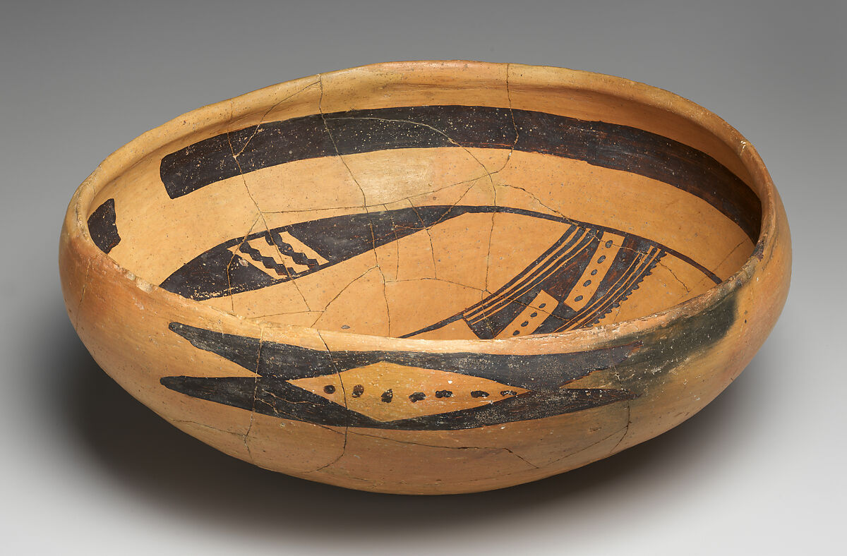 Bowl with Abstract Birds, Black on yellow, Ancestral Puebloan