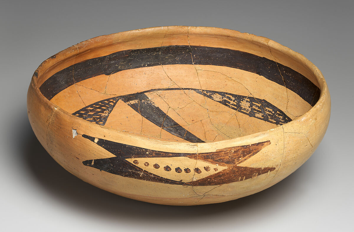 Bowl with Abstract Birds, Black on yellow, Ancestral Puebloan