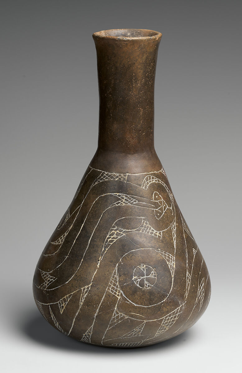 Bottle with Incised Snake Pattern, Clay, Ancestral Caddoan 