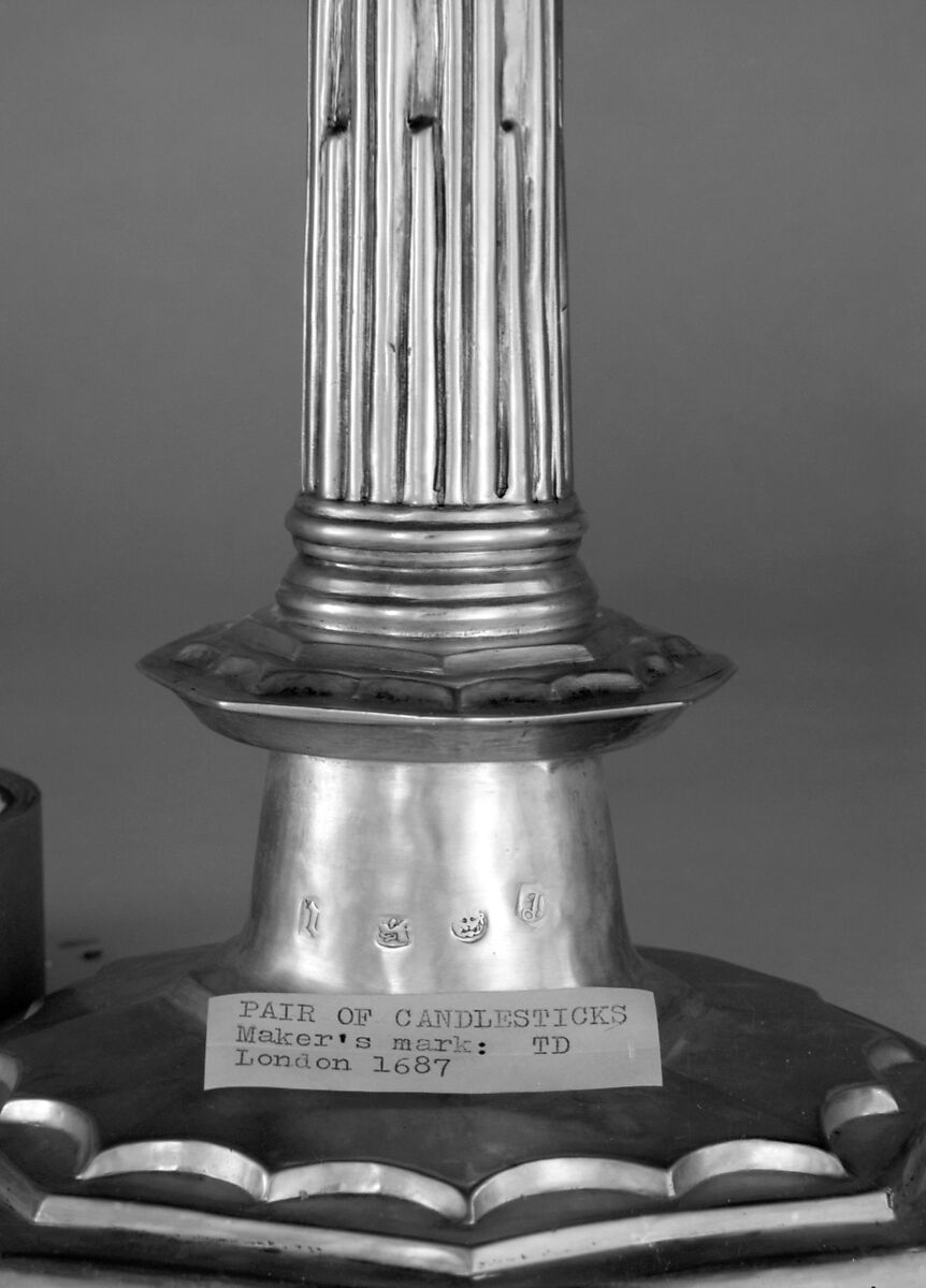Candlestick (one of a pair), Probably by T. D., London (ca. 1686–1687), Silver, British, London