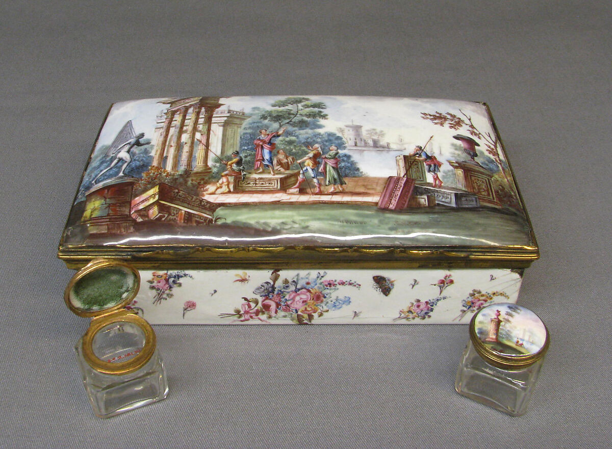Inkwell (part of a set), Enameled copper; implements of glass, gilt copper, and enameled copper, British, possibly Birmingham