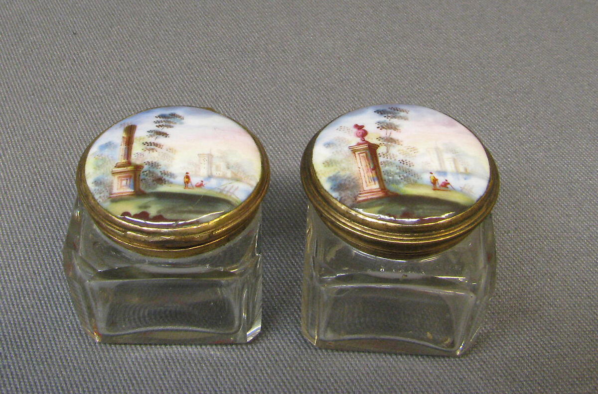 Inkwell (part of a set), Enameled copper; implements of glass, gilt copper, and enameled copper, British, possibly Birmingham