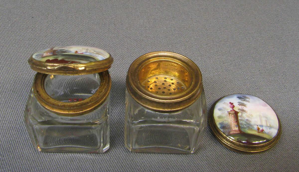 Inkwell (part of a set), Enameled copper; implements of glass, gilt copper, and enameled copper, British, possibly Birmingham