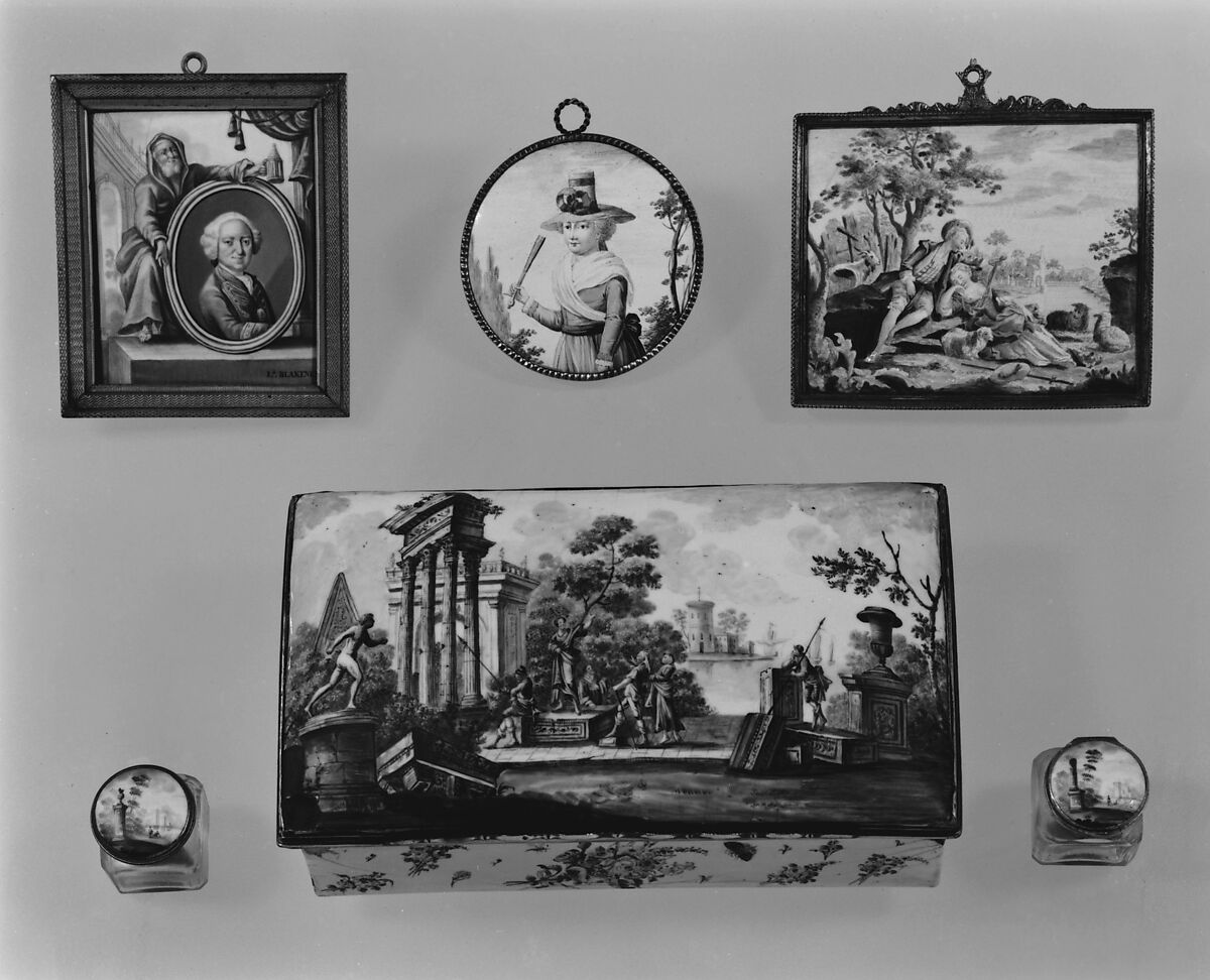 Inkwell (part of a set), Enameled copper; implements of glass, gilt copper, and enameled copper, British, possibly Birmingham