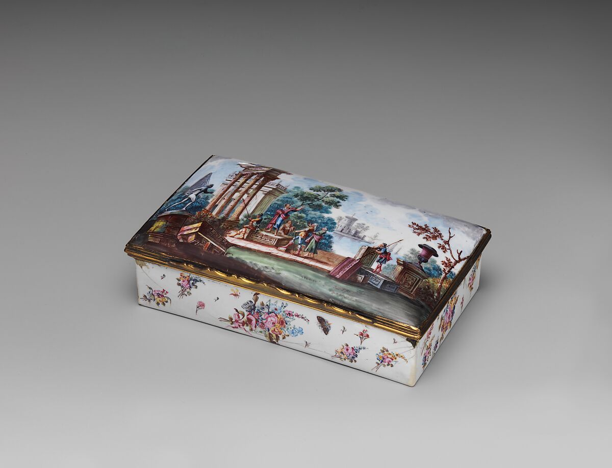 Pouncepot (part of a set), Enameled copper; implements of glass, gilt copper, and enameled copper, British, possibly Birmingham