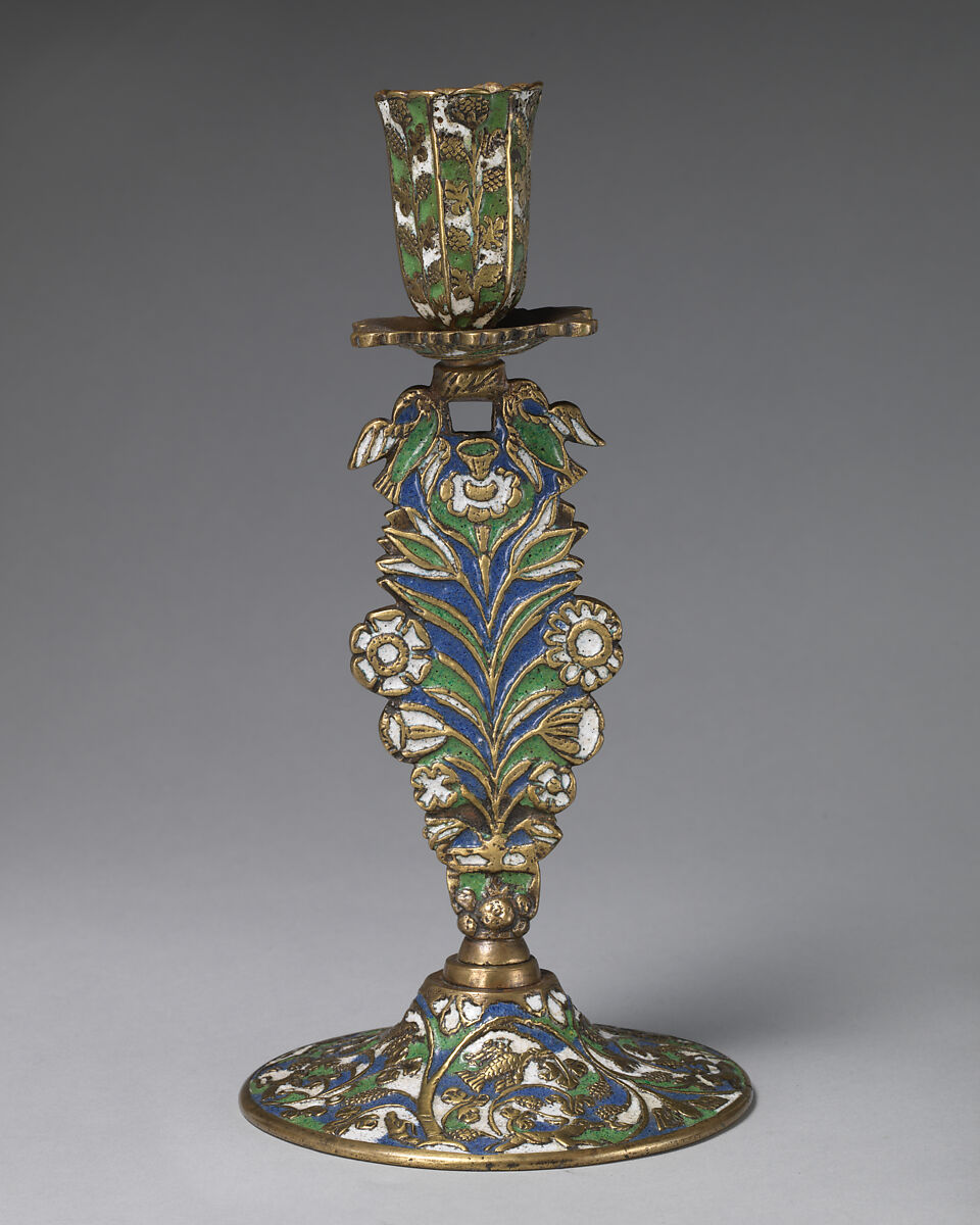 Candlestick (one of a pair), Stephen Pilcherd (British, free of the London Founders' Company 1625, died 1670) or, Brass, partly enameled, British, London