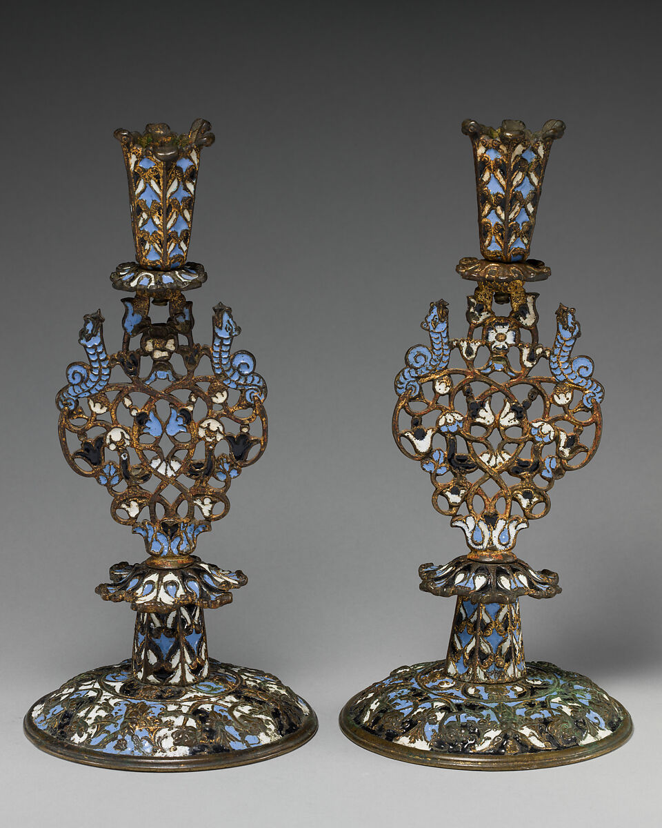 Candlestick (one of a pair), Stephen Pilcherd (British, free of the London Founders' Company 1625, died 1670) or, Brass, partly enameled, traces of gilding, British, London