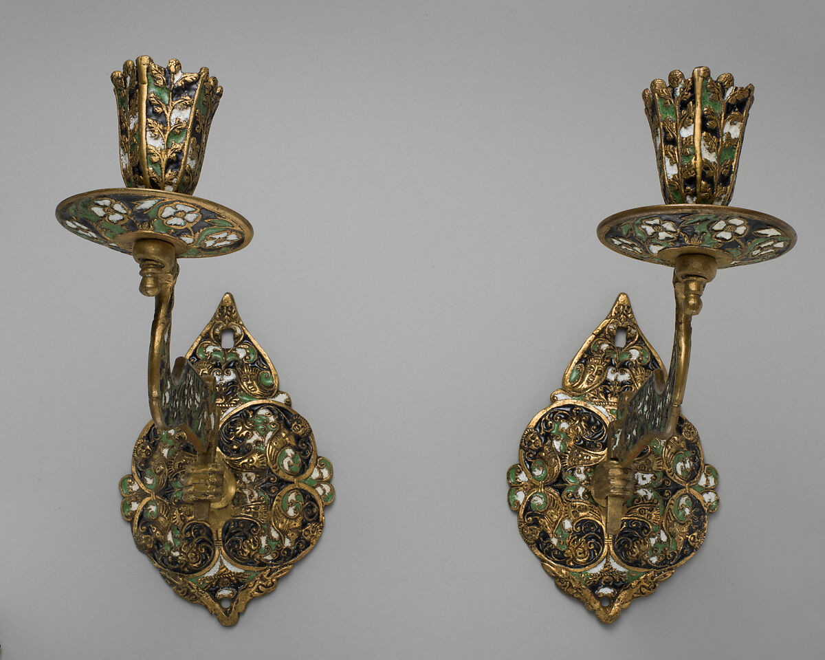 Sconce (one of a pair), Enamel on brass, British, Surrey 