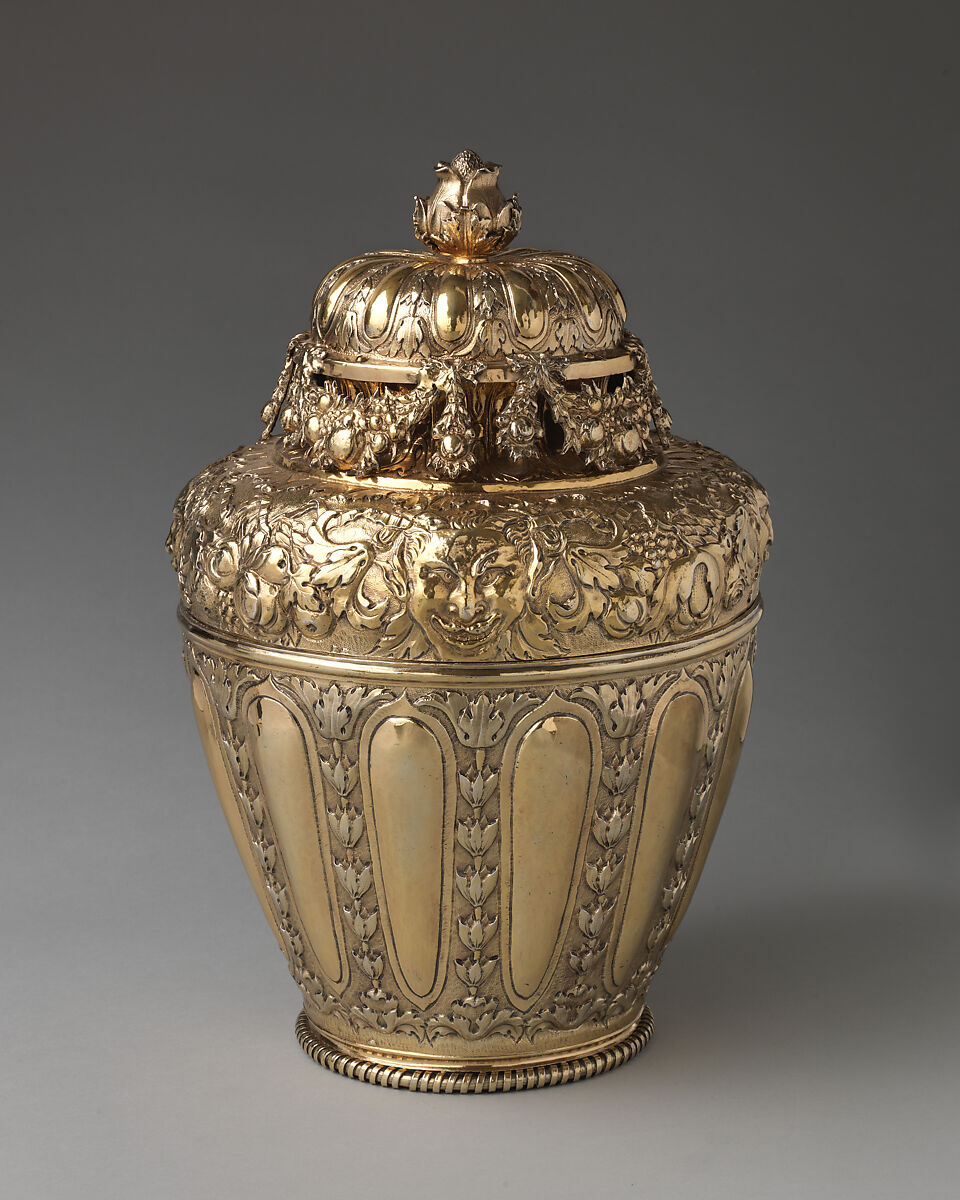 Vase with cover (one of a pair), I H (British, mid–late 17th century), Silver gilt, British, London 