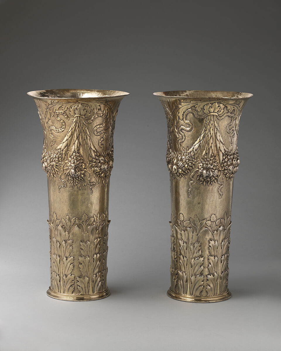 Beaker vase (one of a pair), Thomas Jenkins (active 1668–1708), Gilded silver, British, London 