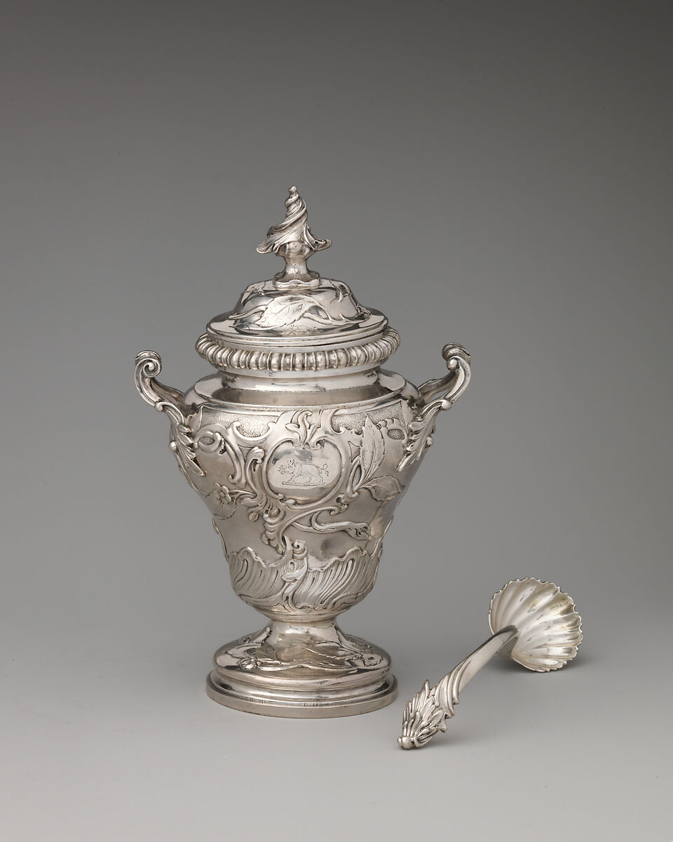 Tea caddy with spoon (one of a set of three), John Swift (British, active from 1728), Silver, British, London 