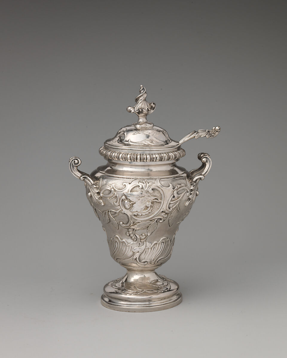 Tea caddy with spoon (one of a set of three), John Swift (British, active from 1728), Silver, British, London