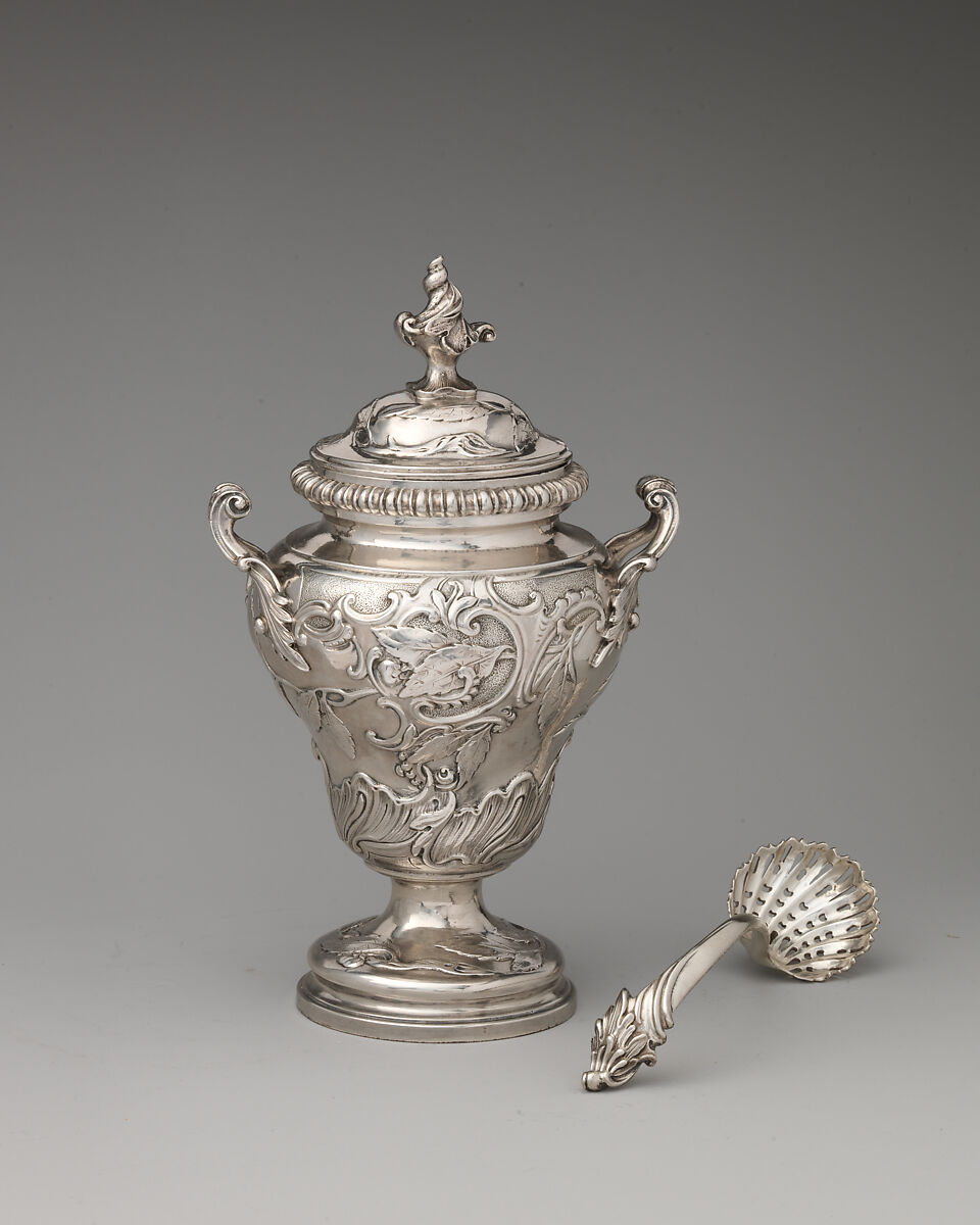 Tea caddy with spoon (one of a set of three), John Swift (British, active from 1728), Silver, British, London 