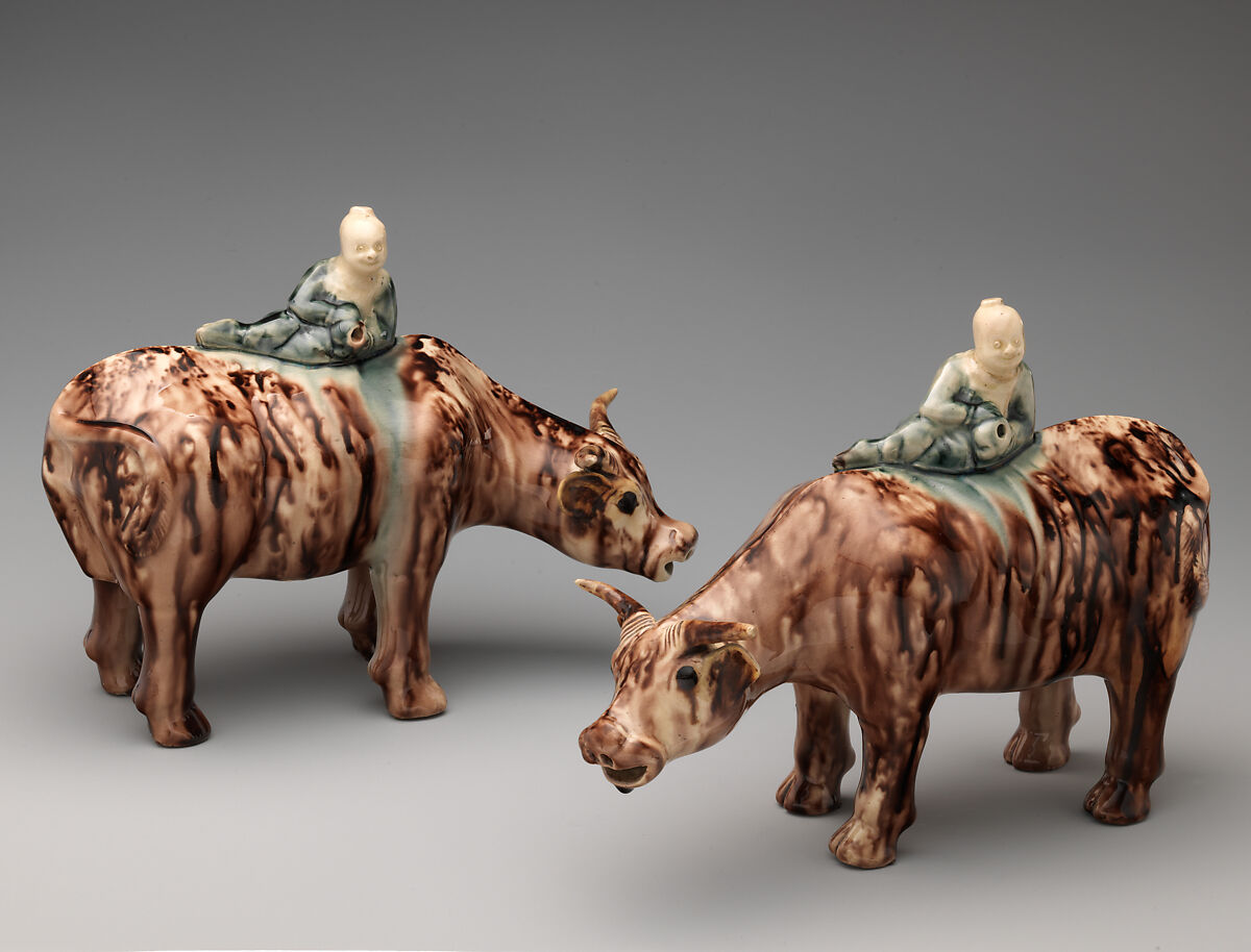 Water buffalo and reclining Chinese figure (one of a pair), Style of Whieldon type, Tortoiseshell ware (glazed earthenware), British, Staffordshire 