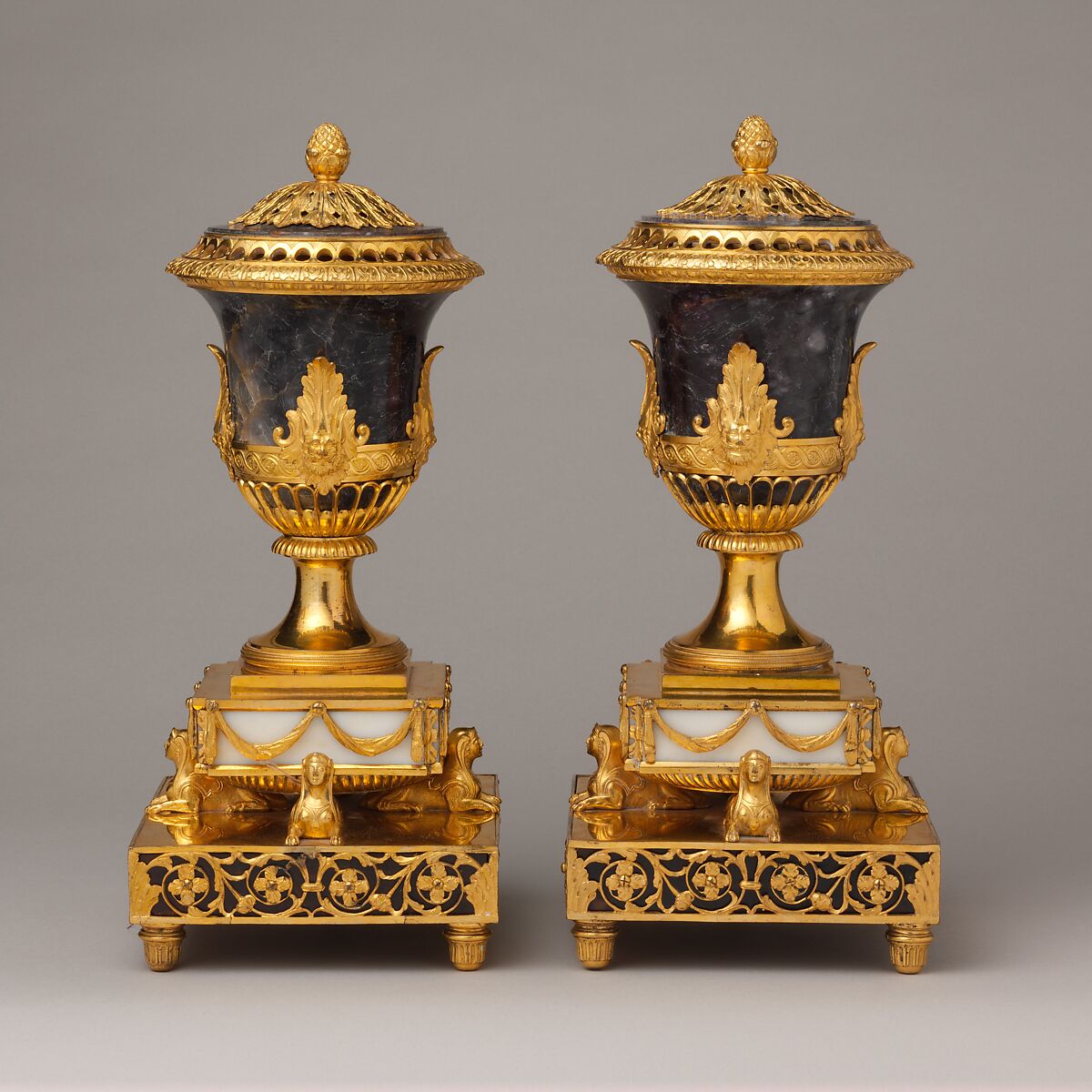 Perfume burner (one of a pair), Matthew Boulton (British, Birmingham 1728–1809 Birmingham), Derbyshire spar, tortoiseshell, and wood; Carrara marble base, gilded brass mounts, gilded copper liner, British, Soho near Birmingham 