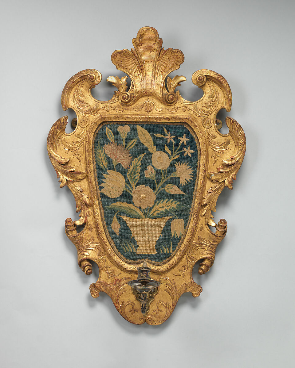 Sconce (one of a pair), Gilded pine and gesso, silver, silk, wool tent and cross stitch on canvas, British