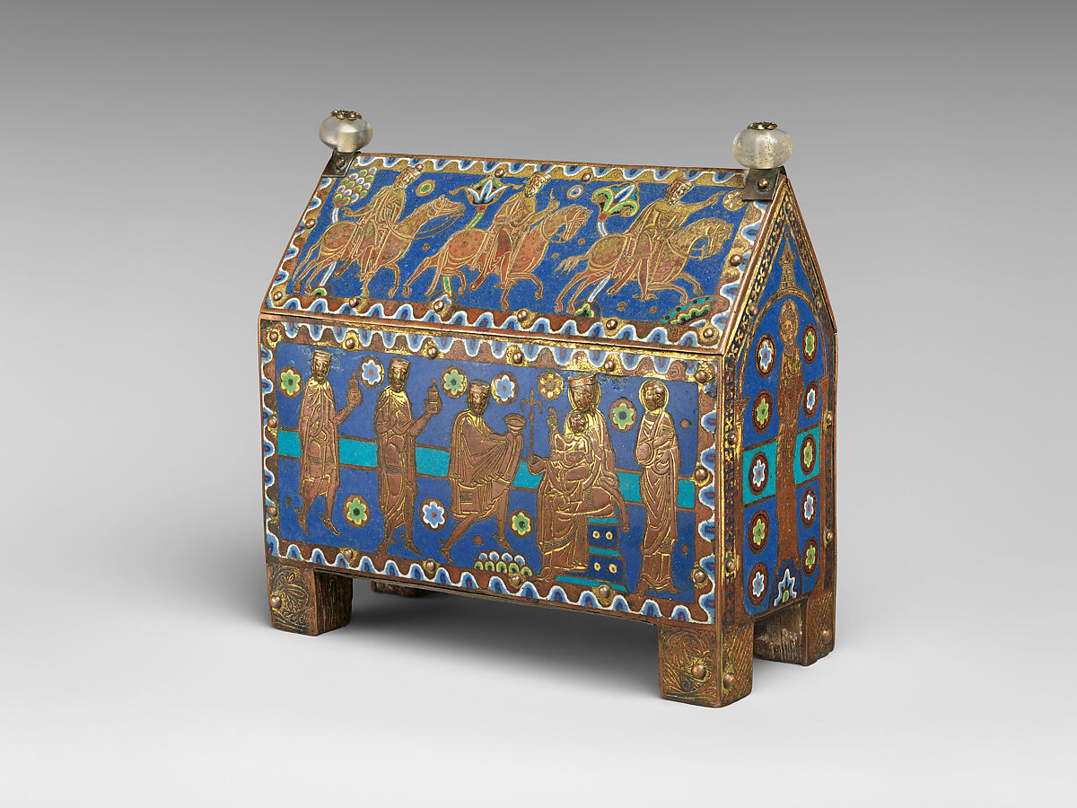 Reliquary of the Journey and Adoration of the Magi, Champlevé enamel on gilded copper; rock crystal; wood core, French 