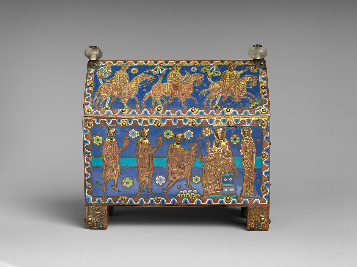 Reliquary of the Journey and Adoration of the Magi, Champlevé enamel on gilded copper; rock crystal; wood core, French